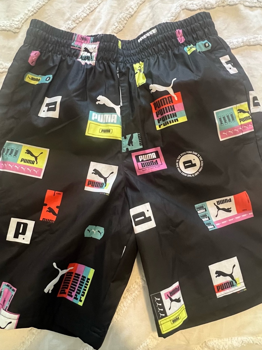 Puma Black Athletic Shorts with Multicolor Logo Patches